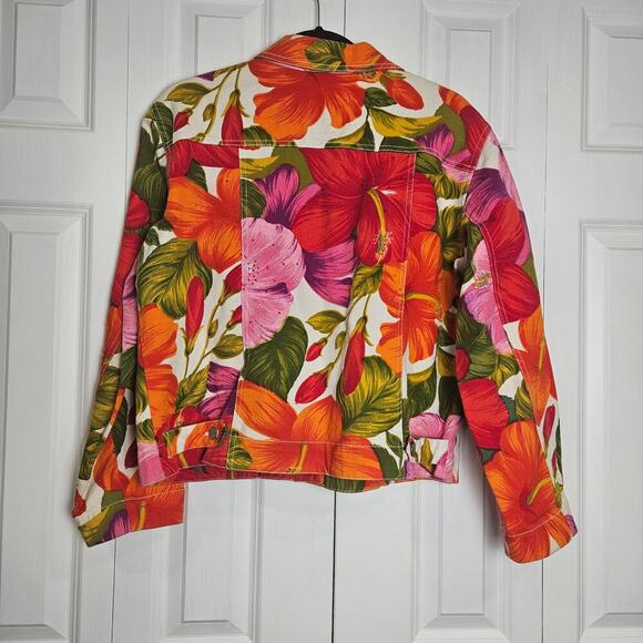 Chico’s Design Size 2 Large Floral Tropical Pink & Orange Denim Beading Jacket - Picture 2 of 8
